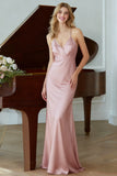 Light Pink Mermaid Spaghetti Straps Satin Long Bridesmaid Dress