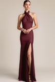 Burgundy Mermaid Backless Pleated Long Bridesmaid Dress with Slit