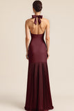 Burgundy Mermaid Backless Pleated Long Bridesmaid Dress with Slit