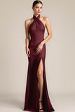 Burgundy Mermaid Backless Pleated Long Bridesmaid Dress with Slit