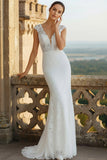 White Mermaid Lace V-Neck Long Wedding Dress