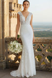 White Mermaid Lace V-Neck Long Wedding Dress