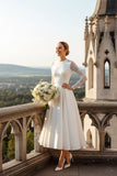 White A Line Round Neck Midi Wedding Dress with Lace