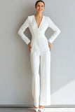 White V-Neck Long Sleeveless Formal Jumpsuits
