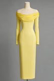 Light Yellow Off the Shoulder Sheath Long Formal Dress with Sleeves