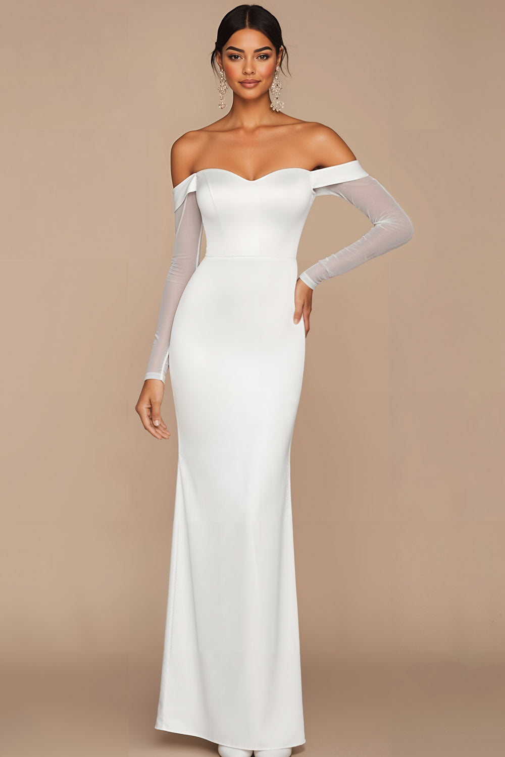 Leely Women White Long Formal Dress with Sleeves Sheath Off the