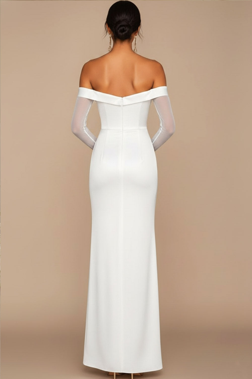 Leely Women White Long Formal Dress with Sleeves Sheath Off the