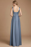 Dusty Blue Satin A Line Thick Straps Long Evening Dress