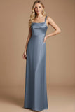 Dusty Blue Satin A Line Thick Straps Long Evening Dress