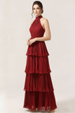 Burgundy Chiffon Tiered Backless Pleated Long Bridesmaid Dress with Ruffles