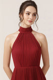 Burgundy Chiffon Tiered Backless Pleated Long Bridesmaid Dress with Ruffles