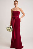 Burgundy Strapless Mermaid Long Bridesmaid Dress with Bow