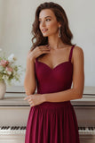 Burgundy Spaghetti Straps A Line Long Bridesmaid Dress