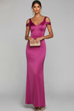 Fuchsia Cold Shoulder Satin Sheath Wedding Guest Dress
