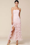 Light Pink Strapless Chiffon Long Bridesmaid Dress with Slit