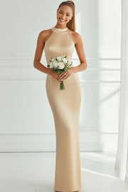 Champagne Satin Mermaid Halter Neck Long Bridesmaid Dress