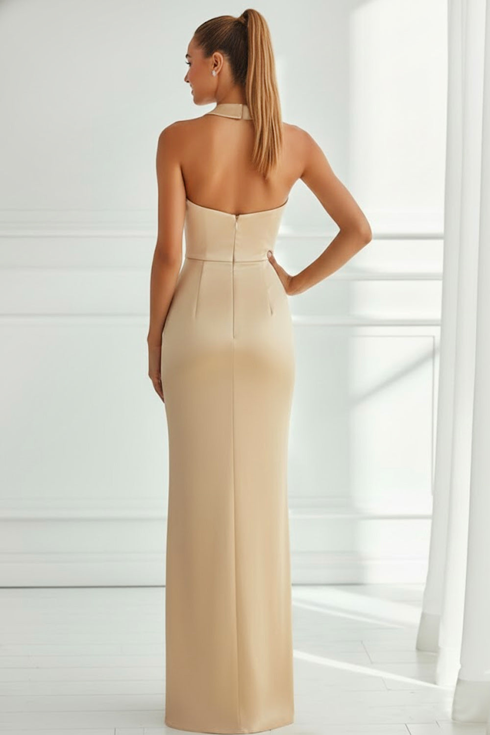 Leely Women Champagne Satin Long Bridesmaid Dress Mermaid Halter Neck