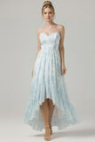 Floral Blue Asymmetrical Spaghetti Straps Bridesmaid Dress with Ruffles