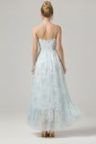 Floral Blue Asymmetrical Spaghetti Straps Bridesmaid Dress with Ruffles