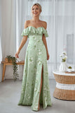 Floral Light Green Off the Shoulder Ruffled Long Bridesmaid Dress with Slit