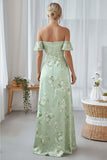 Floral Light Green Off the Shoulder Ruffled Long Bridesmaid Dress with Slit