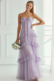 Lilac Tiered Tulle Ruffled Strapless Long Bridesmaid Dress with Bow