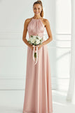 Light Pink Halter Neck Backless Satin Long Bridesmaid Dress