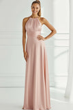 Light Pink Halter Neck Backless Satin Long Bridesmaid Dress
