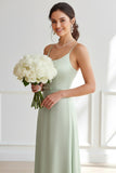 Dusty Sage Sheath Satin Long Bridesmaid Dress
