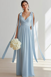 Light Blue Chiffon V-Neck Ruched Long Bridesmaid Dress with Bows