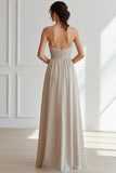 Khaki Chiffon Spaghetti Straps Ruched Long Bridesmaid Dress