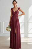 Burgundy Sheath Chiffon Ruched Ruffled Long Bridesmaid Dress with Slit