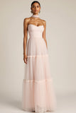 Light Pink Tulle Neck Scarf Sweetheart Long Bridesmaid Dress