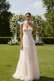 Light Pink Tulle Neck Scarf Sweetheart Long Bridesmaid Dress