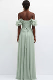 Light Green Off the Shoulder Tulle Backless Long Bridesmaid Dress
