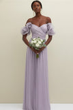 Light Green Off the Shoulder Tulle Backless Long Bridesmaid Dress