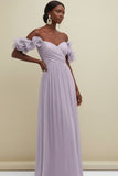 Light Green Off the Shoulder Tulle Backless Long Bridesmaid Dress