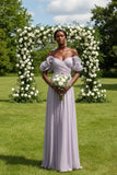 Light Green Off the Shoulder Tulle Backless Long Bridesmaid Dress