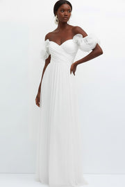 White Off the Shoulder Tulle Ruffled Long Wedding Reception Dress