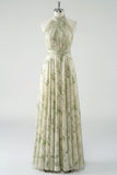 Floral Dusty Sage Halter Neck Backless Long Bridesmaid Dress