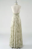 Floral Dusty Sage Halter Neck Backless Long Bridesmaid Dress