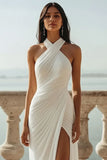 White Criss Cross Neck Chiffon Long Wedding Reception Dress with Slit