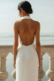 White Criss Cross Neck Chiffon Long Wedding Reception Dress with Slit