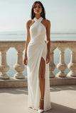 White Criss Cross Neck Chiffon Long Wedding Reception Dress with Slit