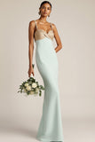 Light Green Mermaid Satin Ruched Long Bridesmaid Dress