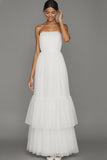 White A Line Tiered Tulle Ruffled Long Wedding Reception Dress