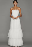 White A Line Tiered Tulle Ruffled Long Wedding Reception Dress