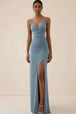 Dusty Blue Spaghetti Straps Ruched Long Bridesmaid Dress with Slit