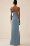 Dusty Blue Spaghetti Straps Ruched Long Bridesmaid Dress with Slit