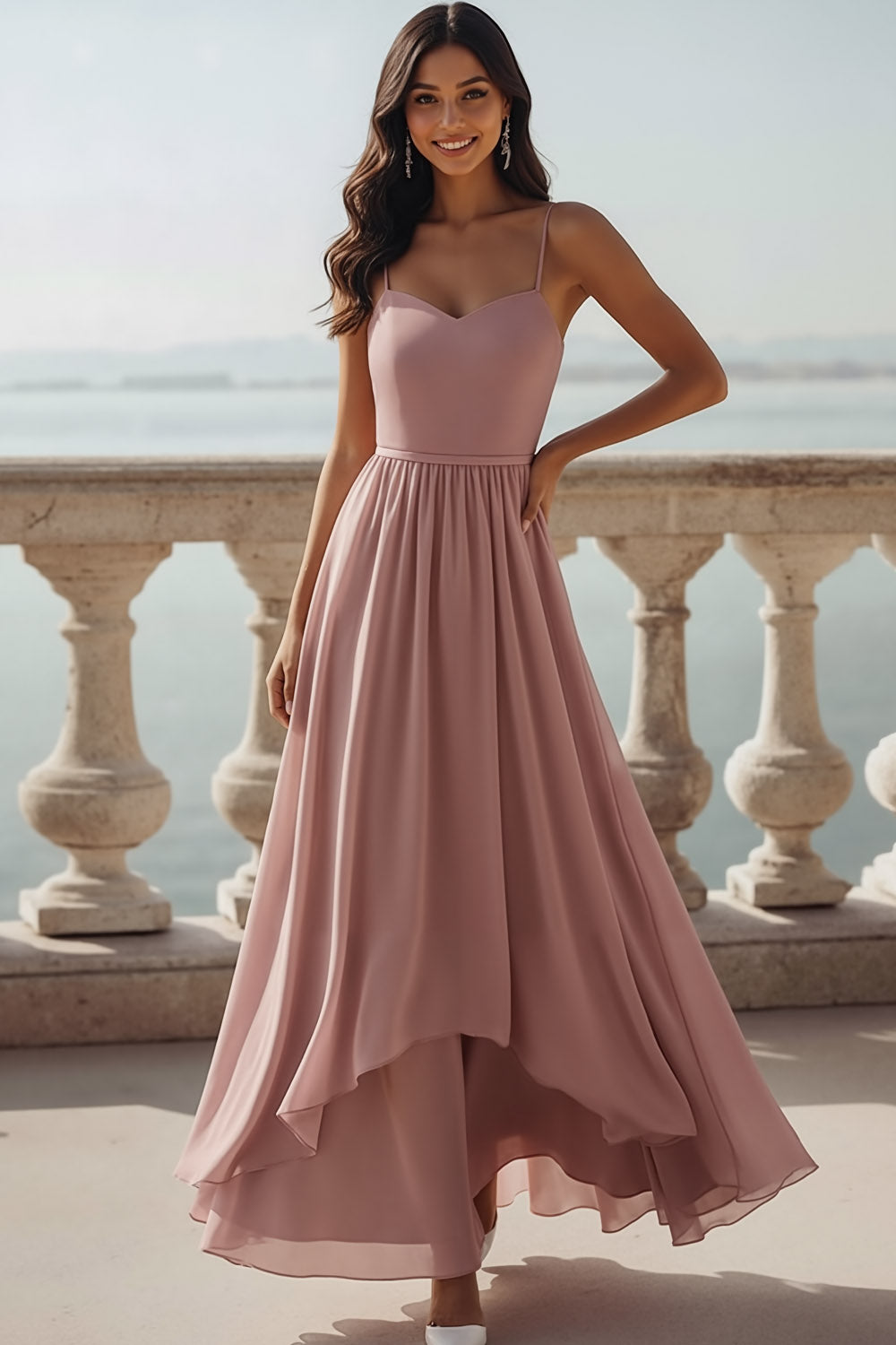 Vintage Rose Chiffon Spaghetti Straps Maxi Bridesmaid Dress